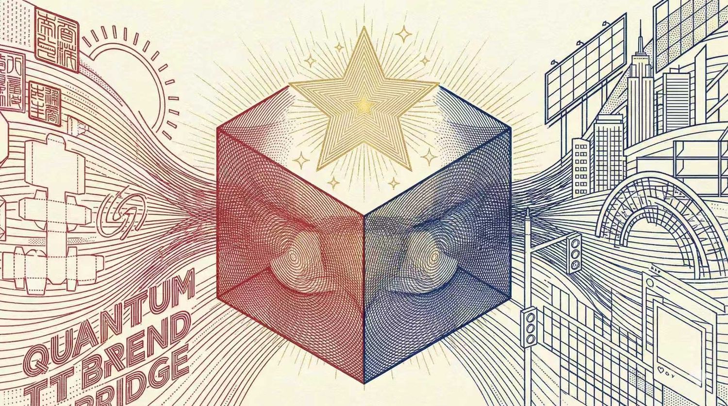 Quantum Trend Bridge — East meets West illustration: a red-and-blue cube beneath a golden star, bridging Chinese motifs and a Western skyline